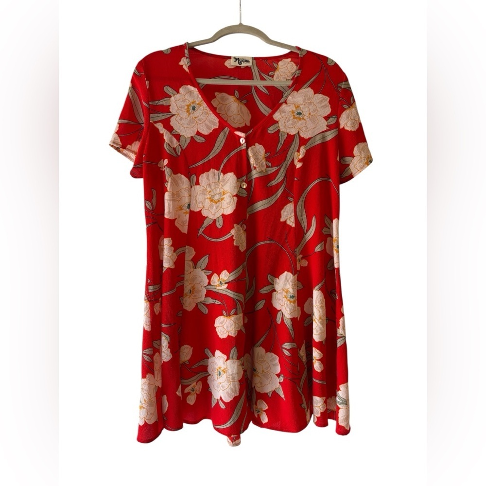 Show Me Your Mumu XL Red Floral Button Front Dress V Neck Flowy Boho Midi